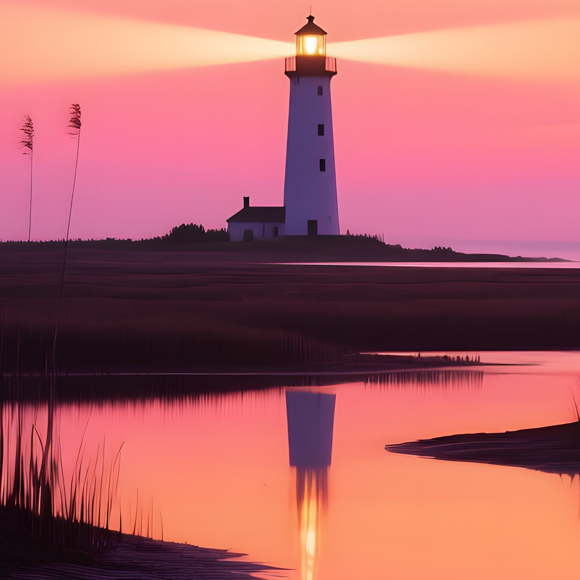 Serene Coastal Marsh At Sunset Tidal Pools Reflections Lighthouse Beacon - Full Resolution Quality Preview
