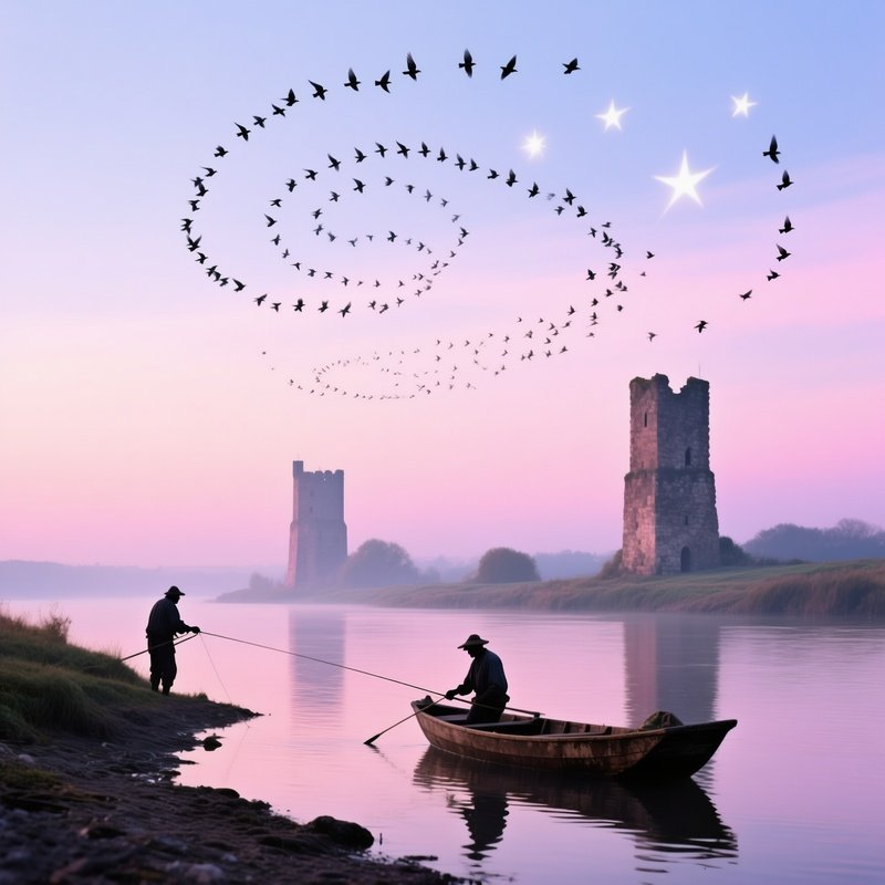 Serene Dawn Starlings Fishermen Riverbank
