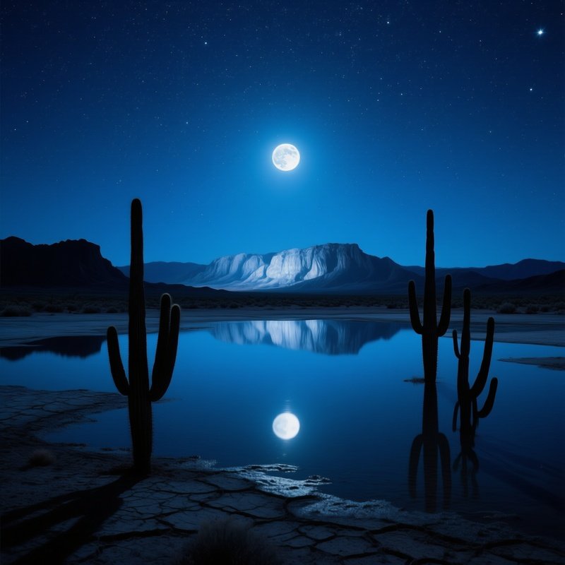 Serene Desert Night Arizona Full Moon Star Filled Sky Reflected Dry Lakebed Cacti Silhouettes Mesas
