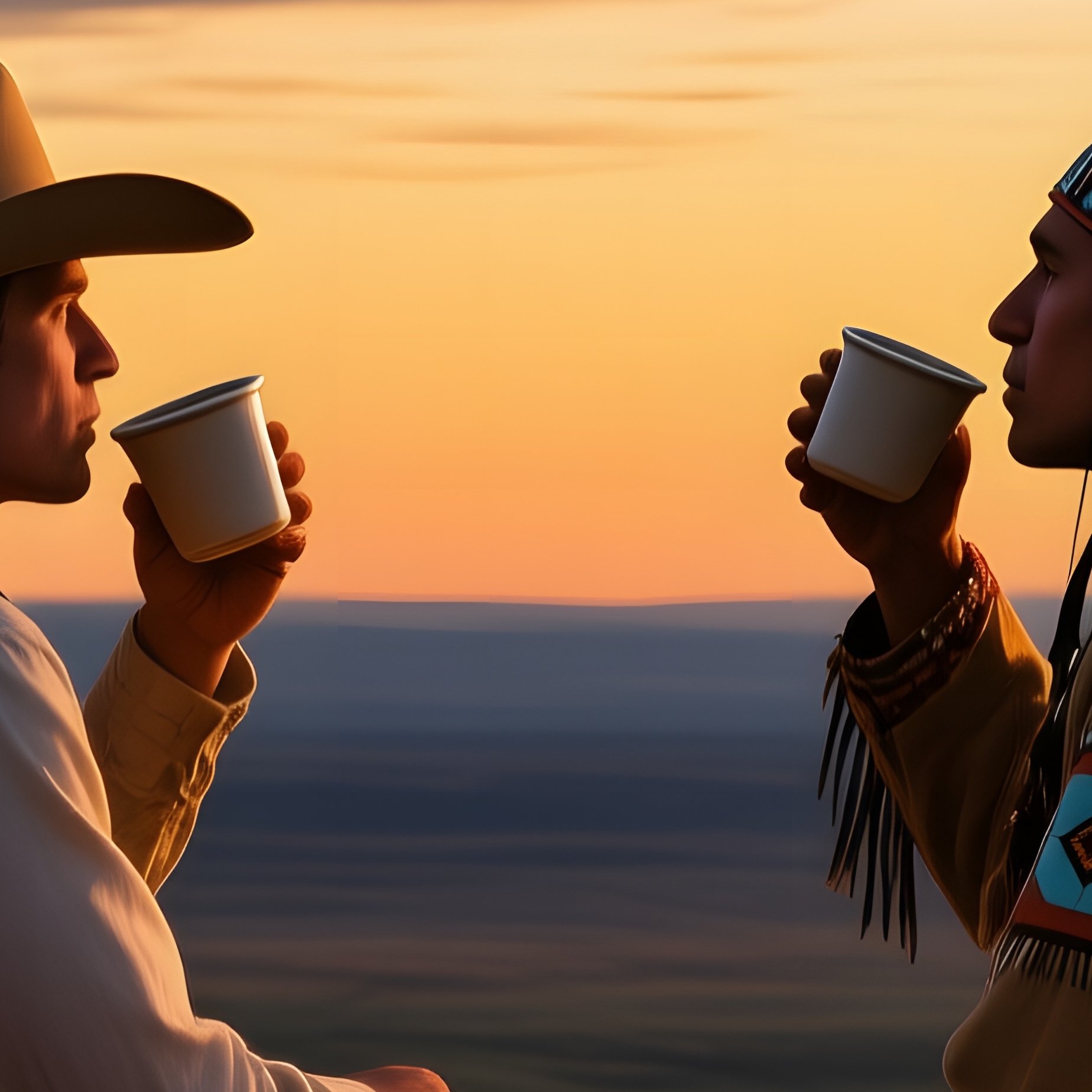 Serene Dusk High Plateau Cowboy Lakota Warrior Sharing Drink - Full Resolution Quality Preview