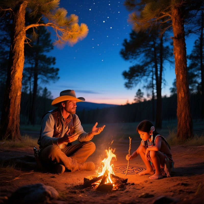 Serene Evening Pine Forest Fire Pit Cowboy Apache Child Drawing