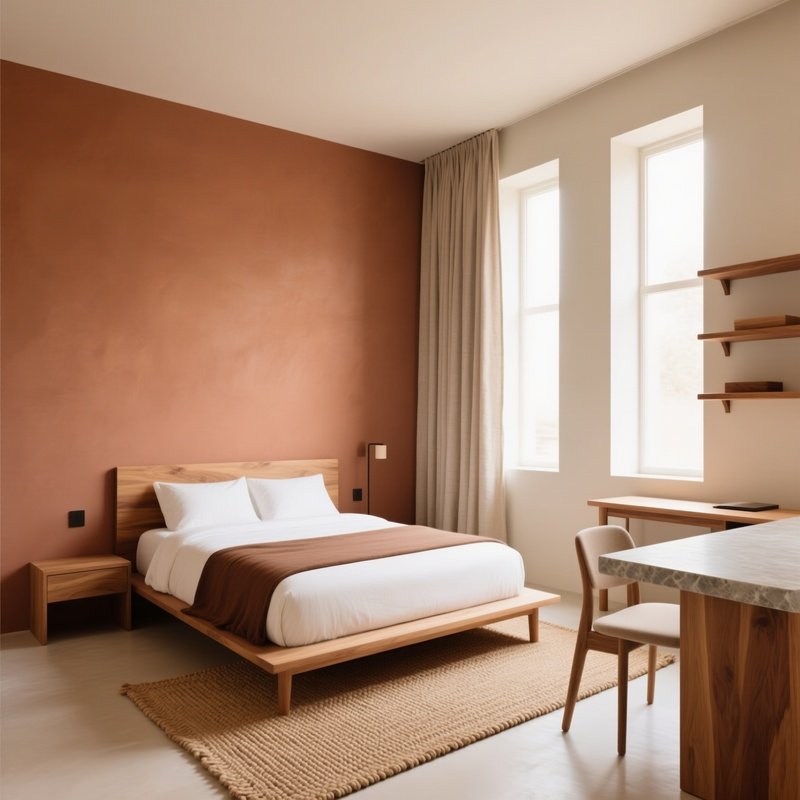 Serene Guest Room Compact Designer Bed Slim Writing Desk Natural Materials Warm Earth Tones