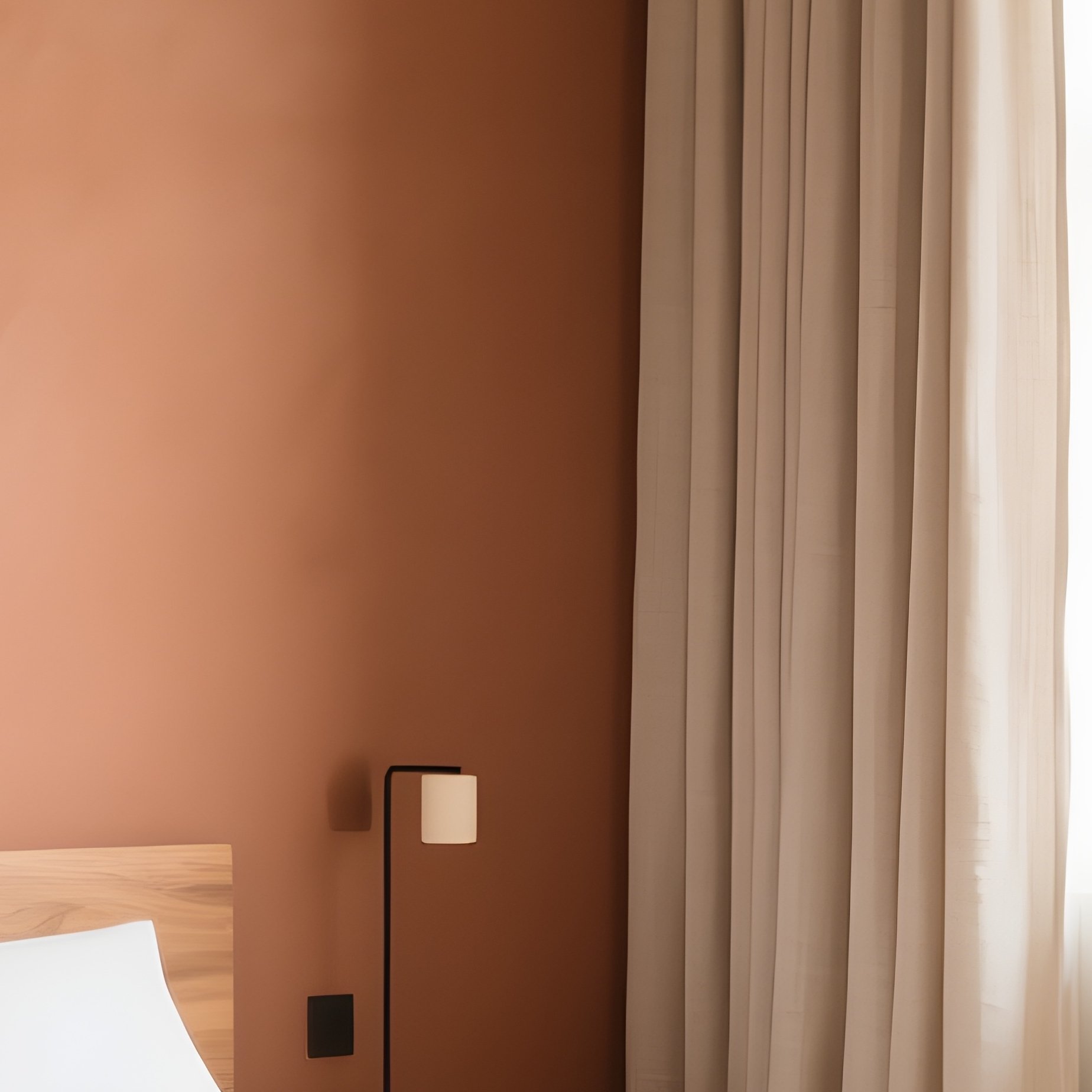 Serene Guest Room Compact Designer Bed Slim Writing Desk Natural Materials Warm Earth Tones - Full Resolution Quality Preview