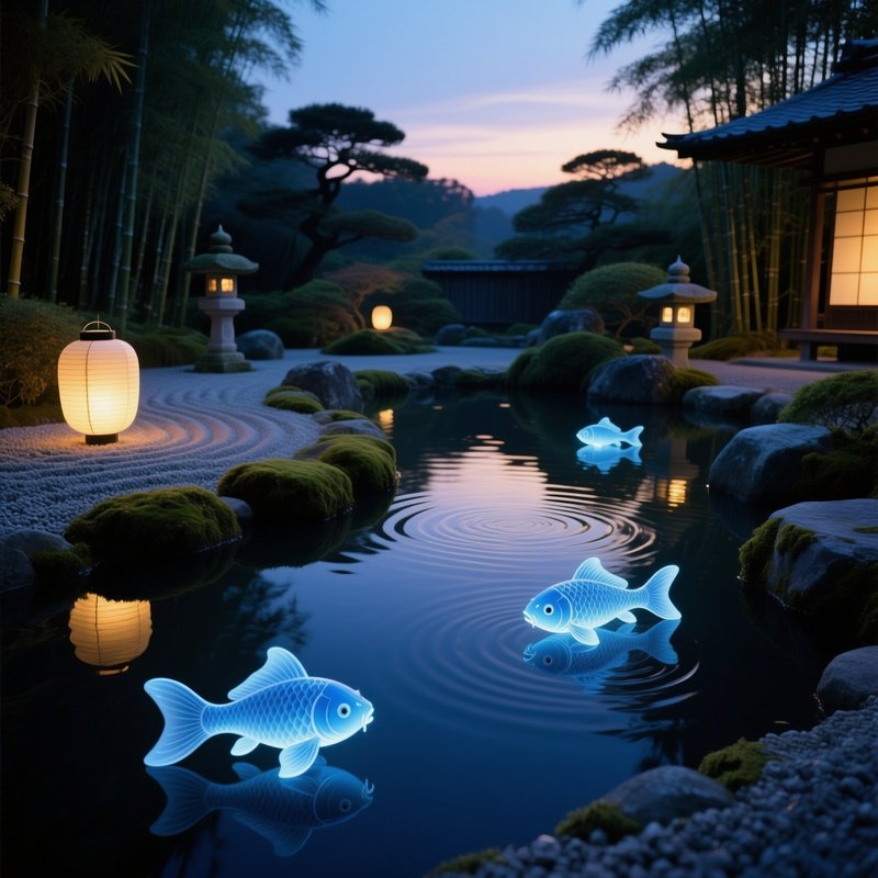 Serene Japanese Garden At Dusk With Lantern Fish In Ponds