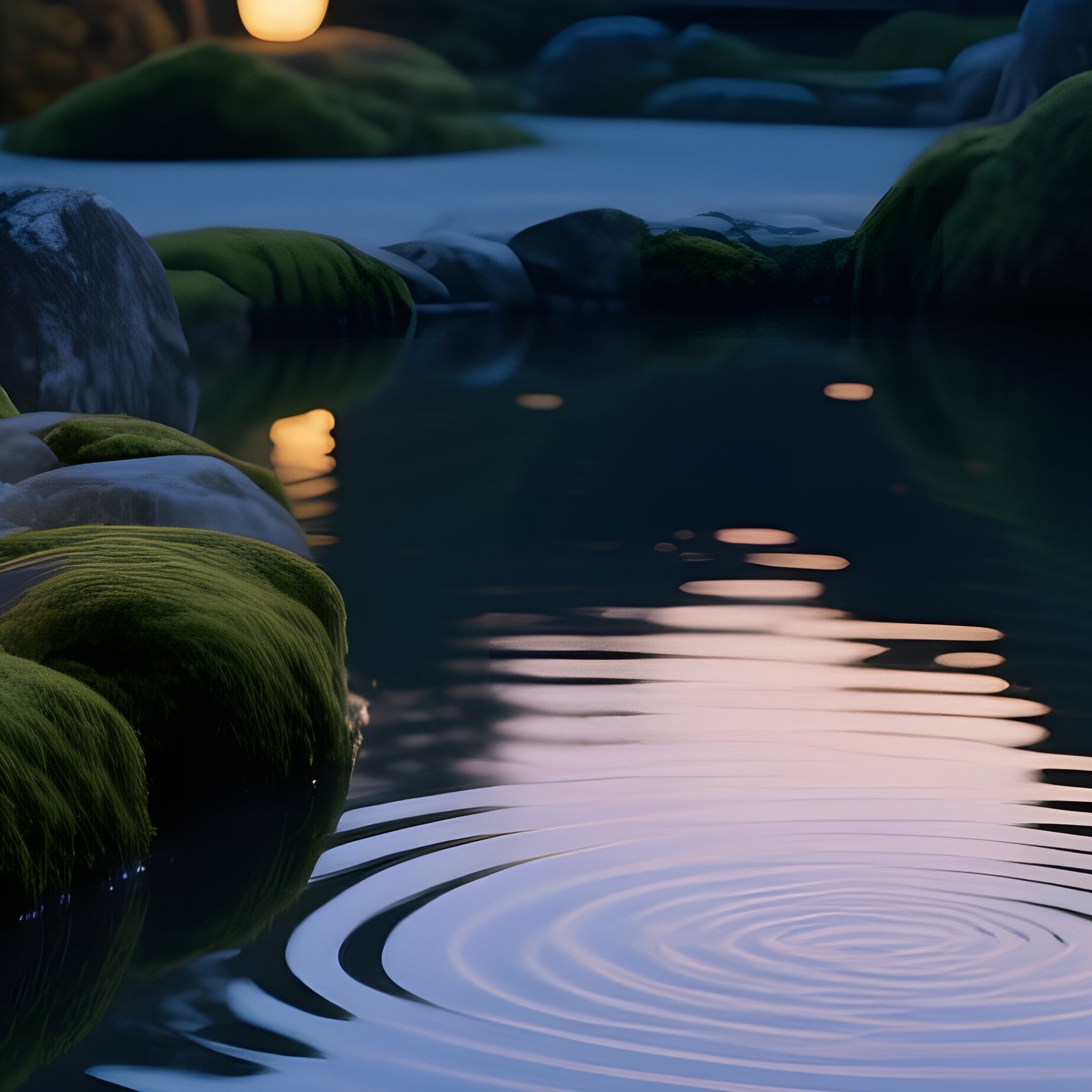 Serene Japanese Garden At Dusk With Lantern Fish In Ponds - Full Resolution Quality Preview