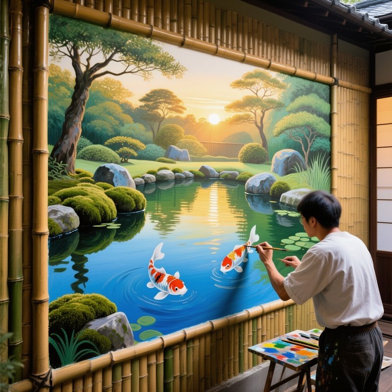 Serene Japanese Garden Sunrise Fresco Koi Pond