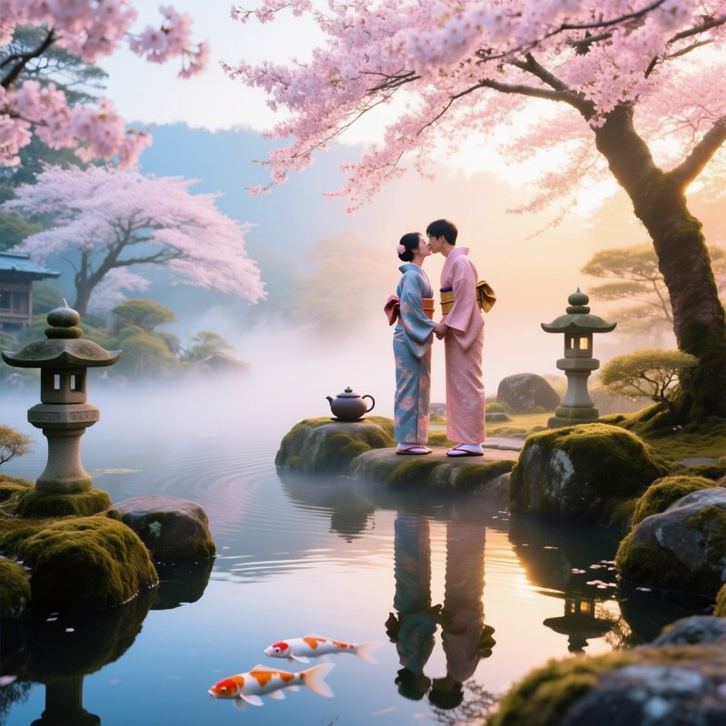 Serene Japanese Tea Garden At Dawn Kiss Under Cherry Blossoms