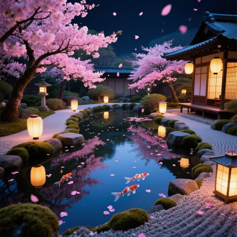 Serene Japanese Tea Garden Night Lanterns Cherry Blossoms Koi Pond