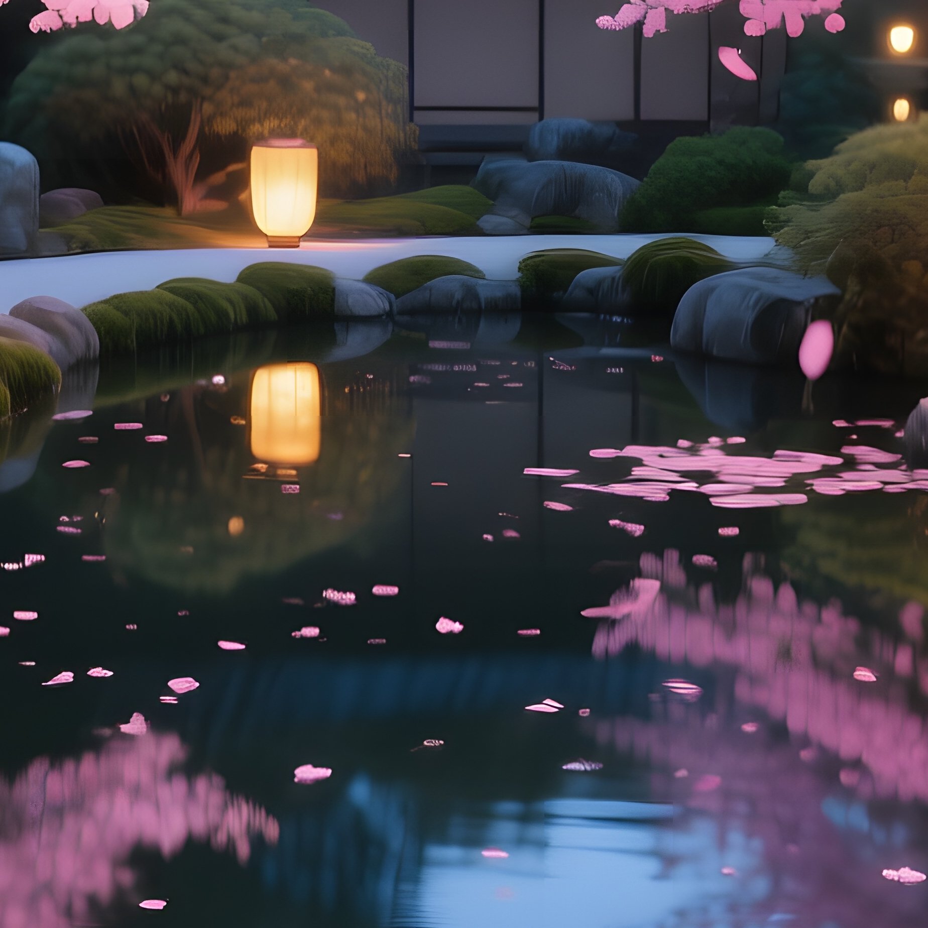 Serene Japanese Tea Garden Night Lanterns Cherry Blossoms Koi Pond - Full Resolution Quality Preview