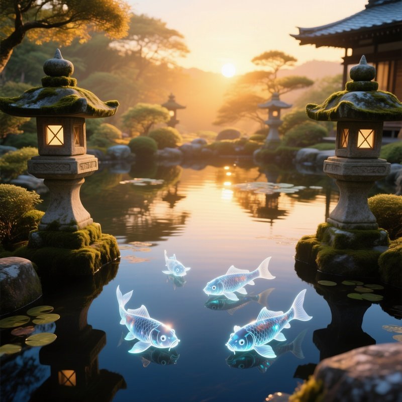 Serene Japanese Tea Garden Sunrise Crystal Fish Pond