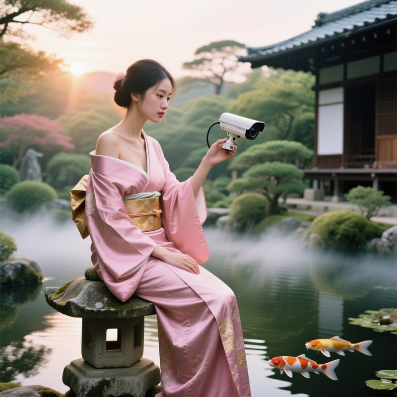 Serene Japanese Tea Garden Sunrise Model Kimono Surveillance Camera