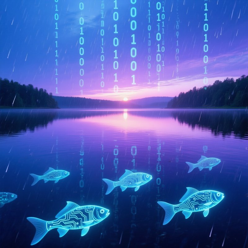 Serene Lake At Dawn Binary Rain Digital Fish Malware