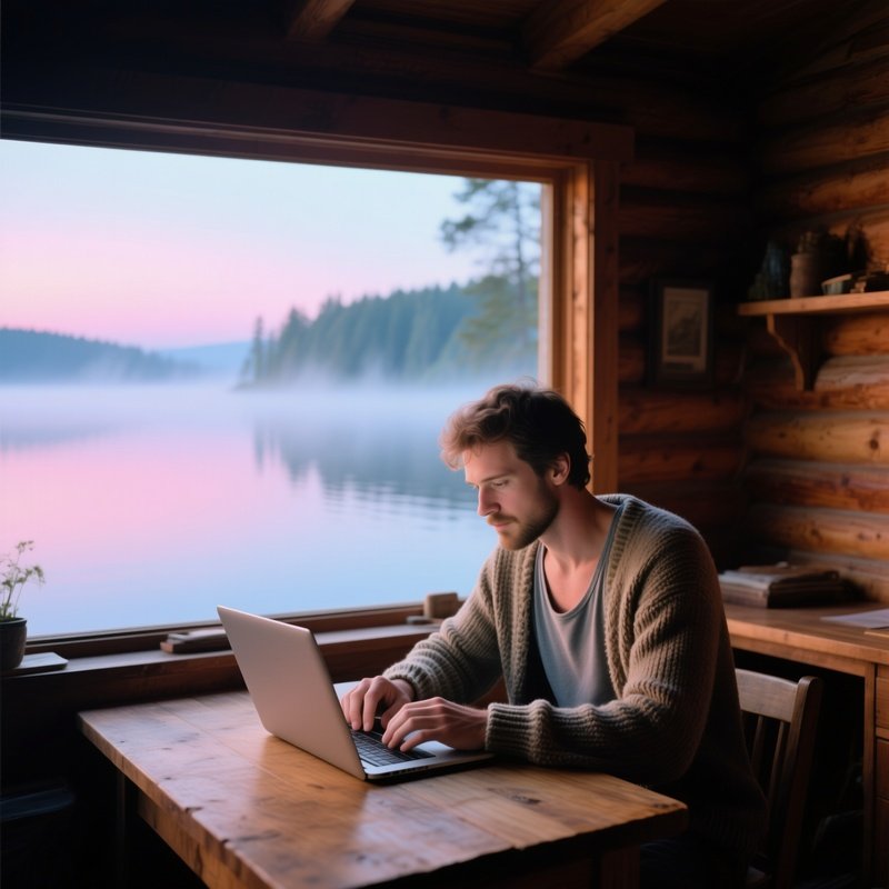 Serene Lakeside Cabin Office At Dawn