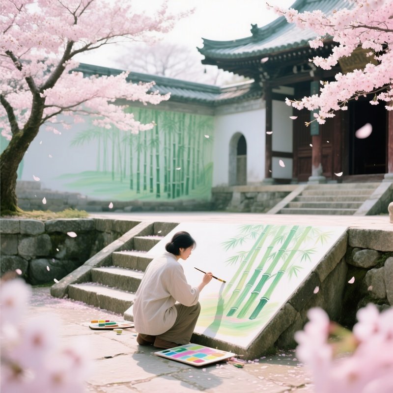 Serene Monastery Courtyard Cherry Blossoms Painting Bamboo Fresco