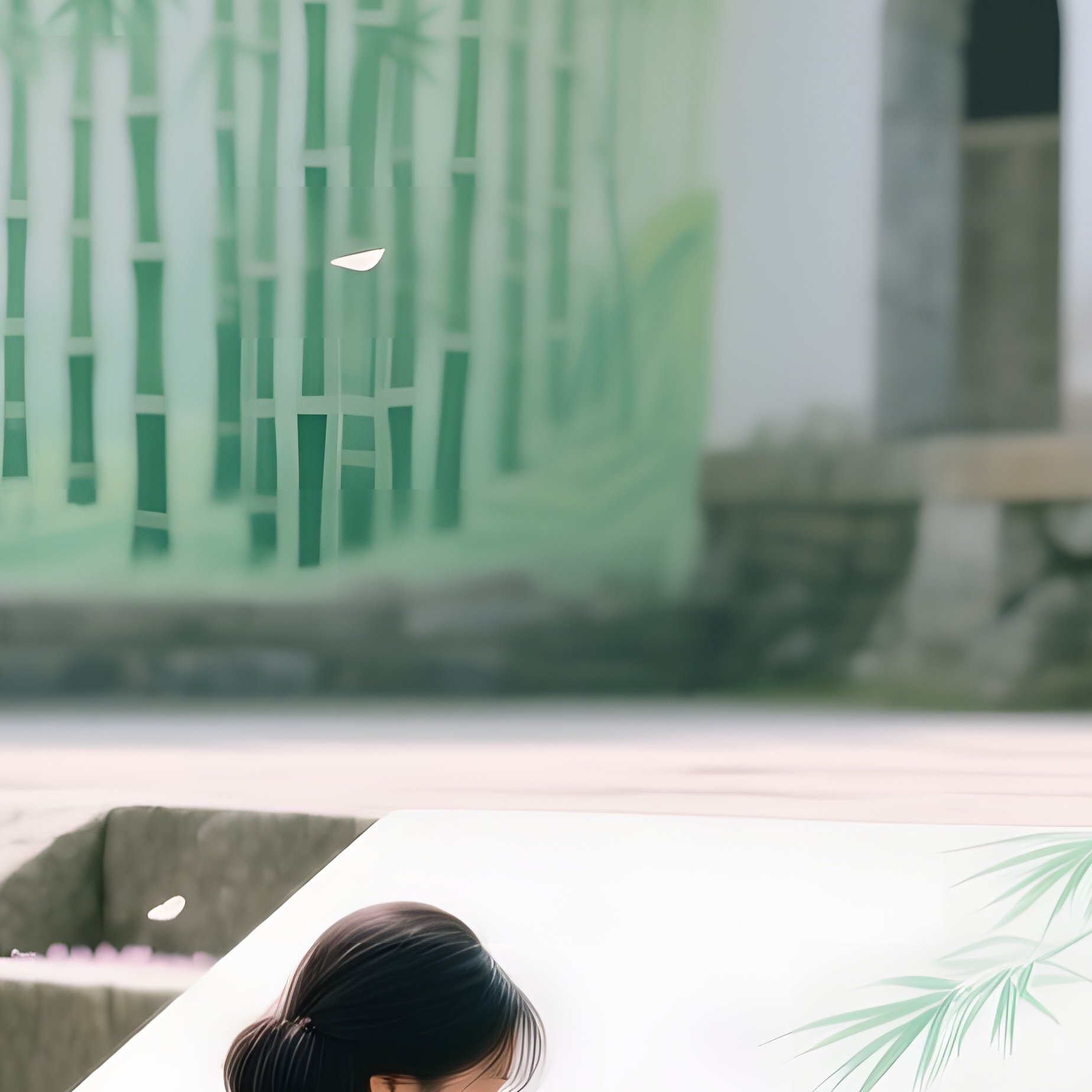 Serene Monastery Courtyard Cherry Blossoms Painting Bamboo Fresco - Full Resolution Quality Preview