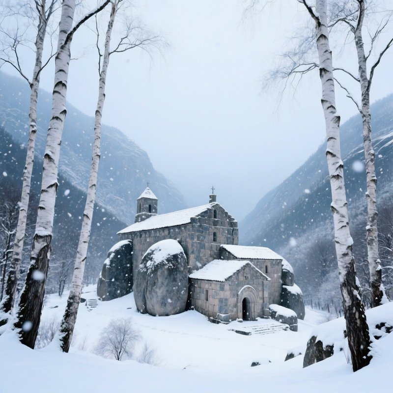 Serene Monastery Retreat Granite Birch Snowfall
