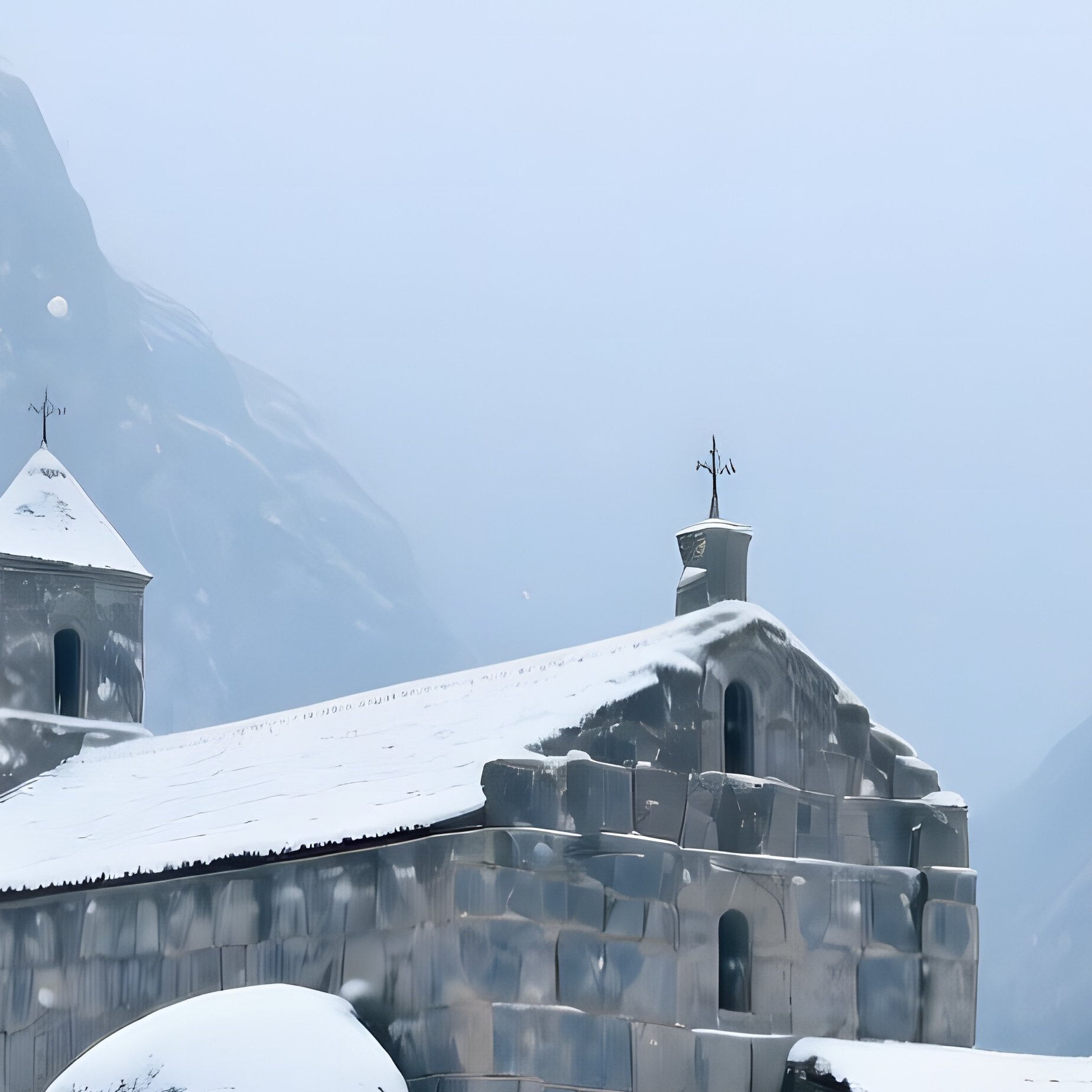 Serene Monastery Retreat Granite Birch Snowfall - Full Resolution Quality Preview