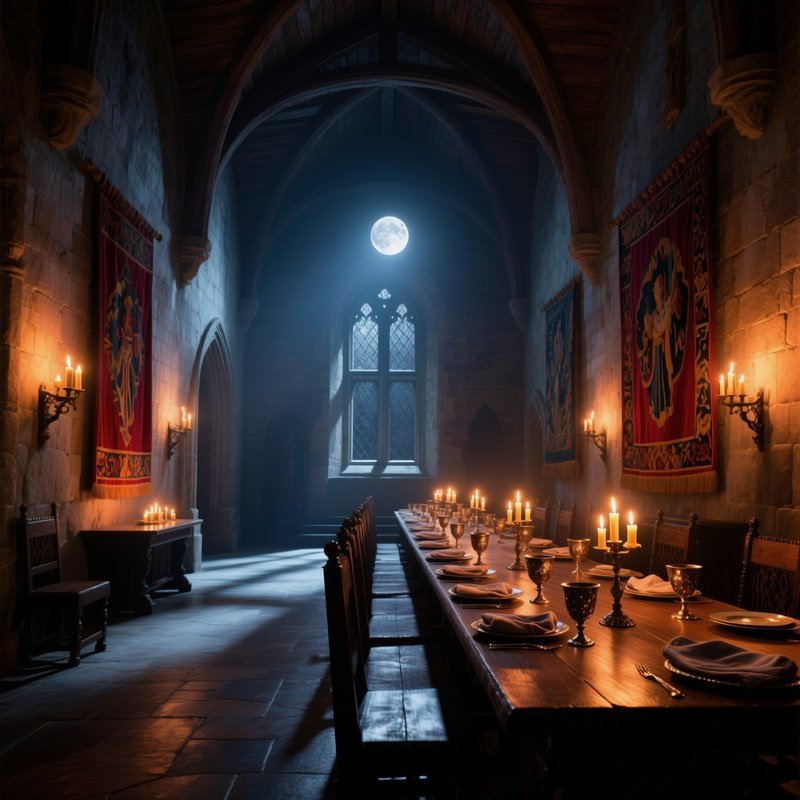 Serene Moonlit Night Medieval Castle Great Hall