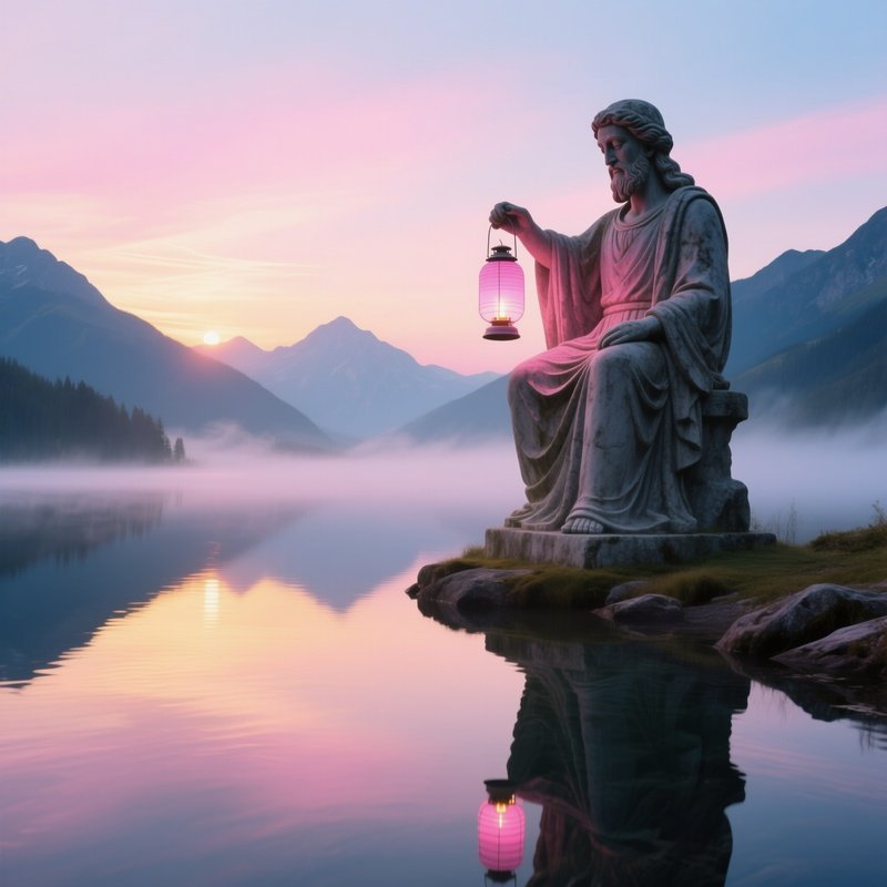 Serene Mountain Lake Sunrise Statue Lantern