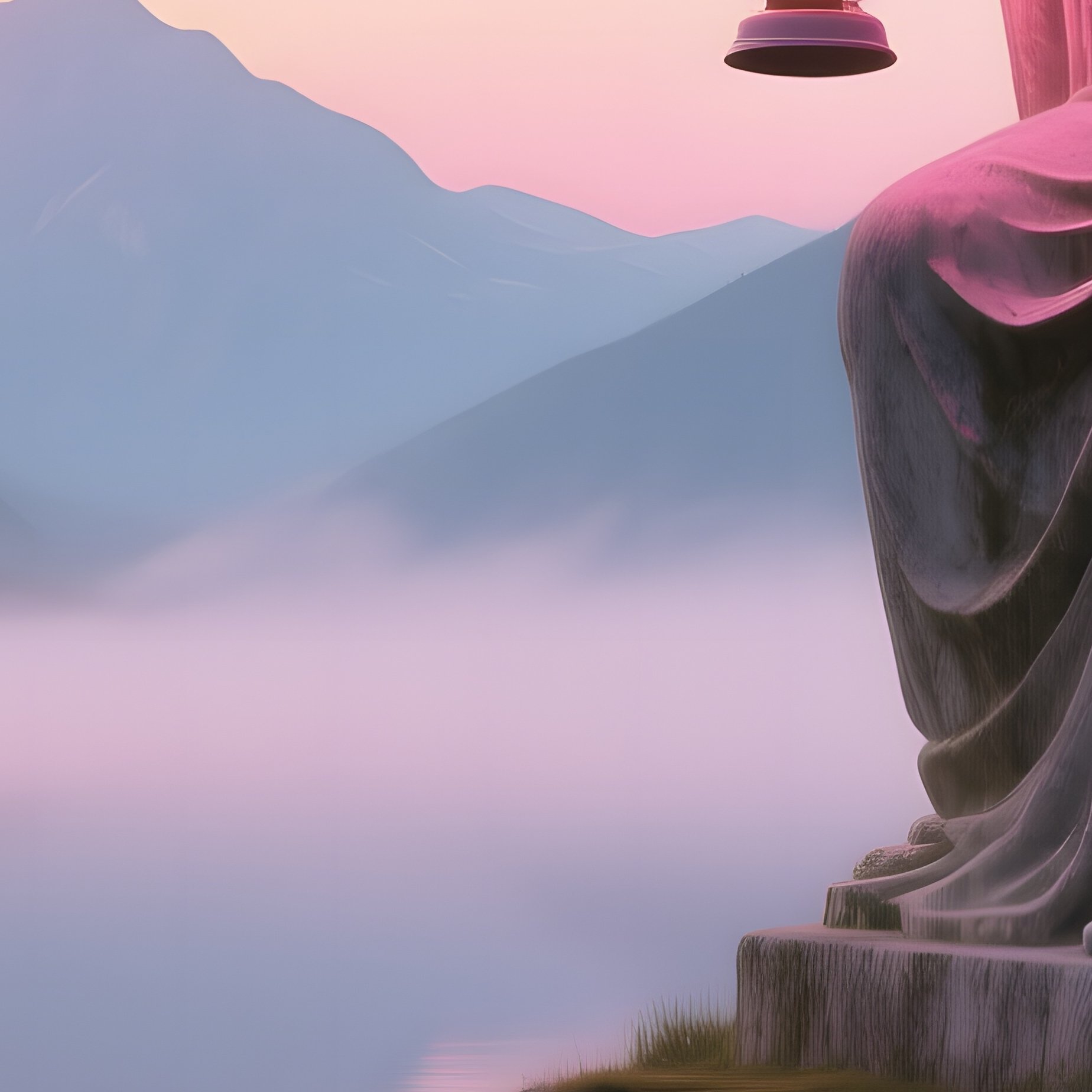 Serene Mountain Lake Sunrise Statue Lantern - Full Resolution Quality Preview