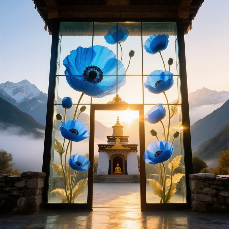 Serene Mountain Monastery At Sunrise Glass Panel Himalayan Blue Poppies