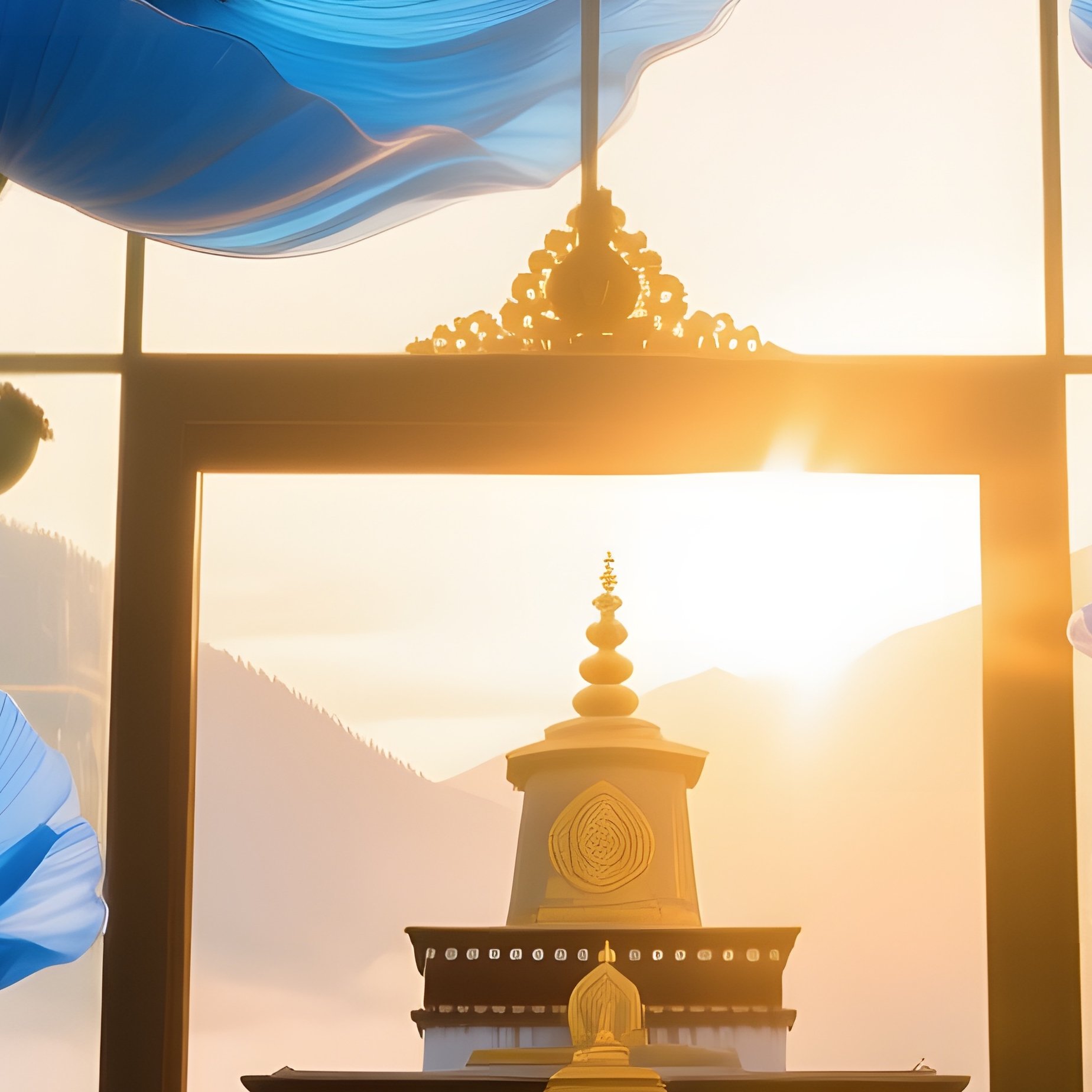 Serene Mountain Monastery At Sunrise Glass Panel Himalayan Blue Poppies - Full Resolution Quality Preview