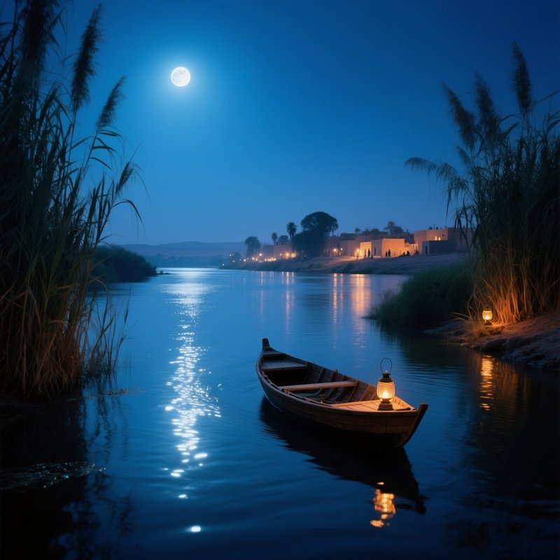 Serene Night View Of The Nile River Reflected In Moonlight Papyrus Reeds Swaying Along The Banks
