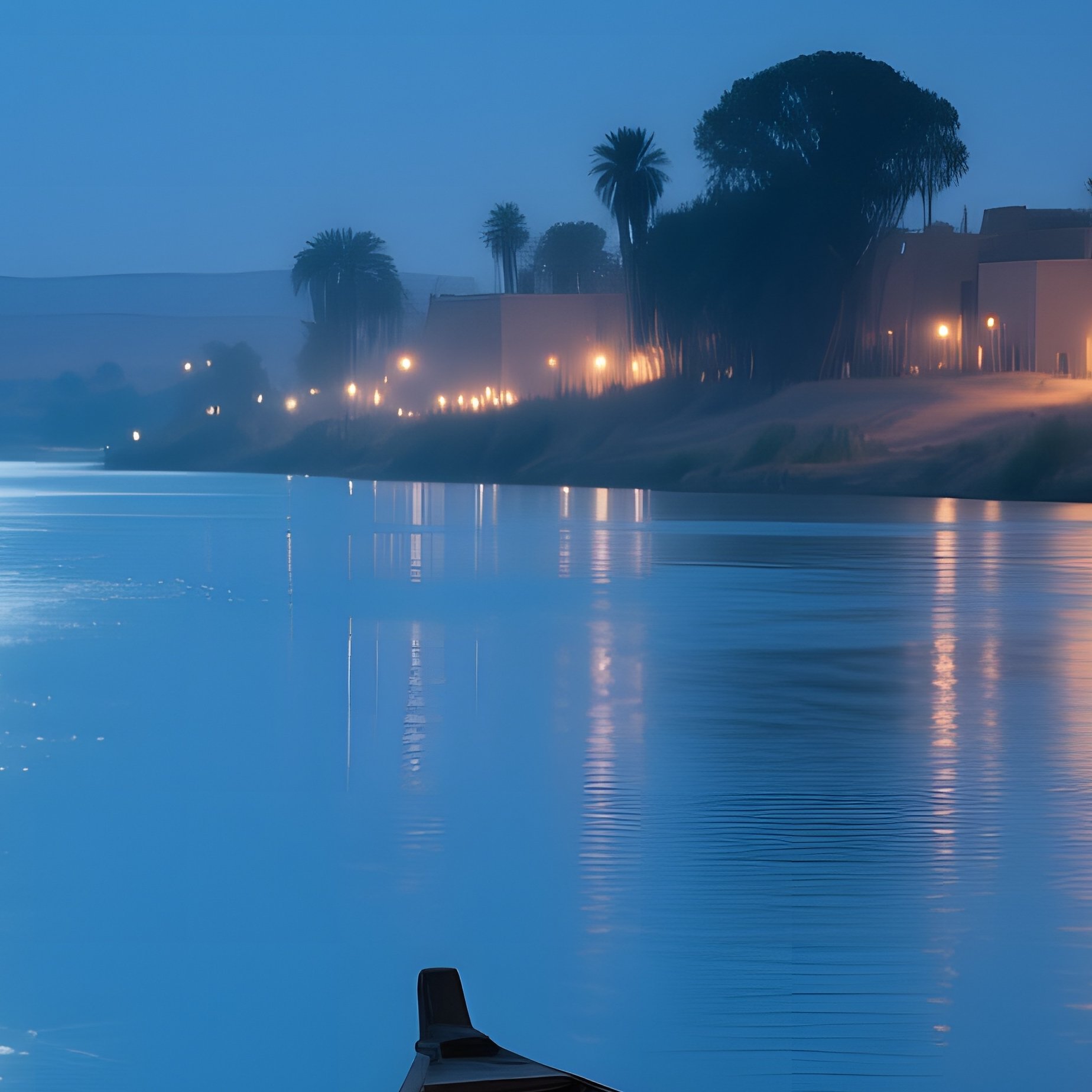 Serene Night View Of The Nile River Reflected In Moonlight Papyrus Reeds Swaying Along The Banks - Full Resolution Quality Preview