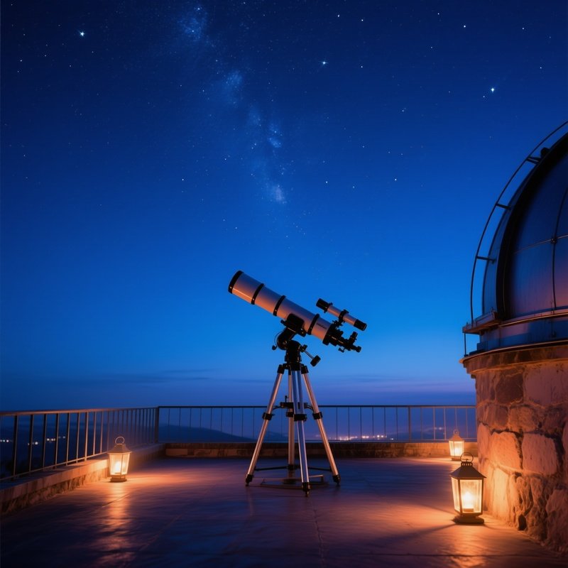 Serene Rooftop Observatory Night Telescope Stars Deep Indigo Clay Lantern Light