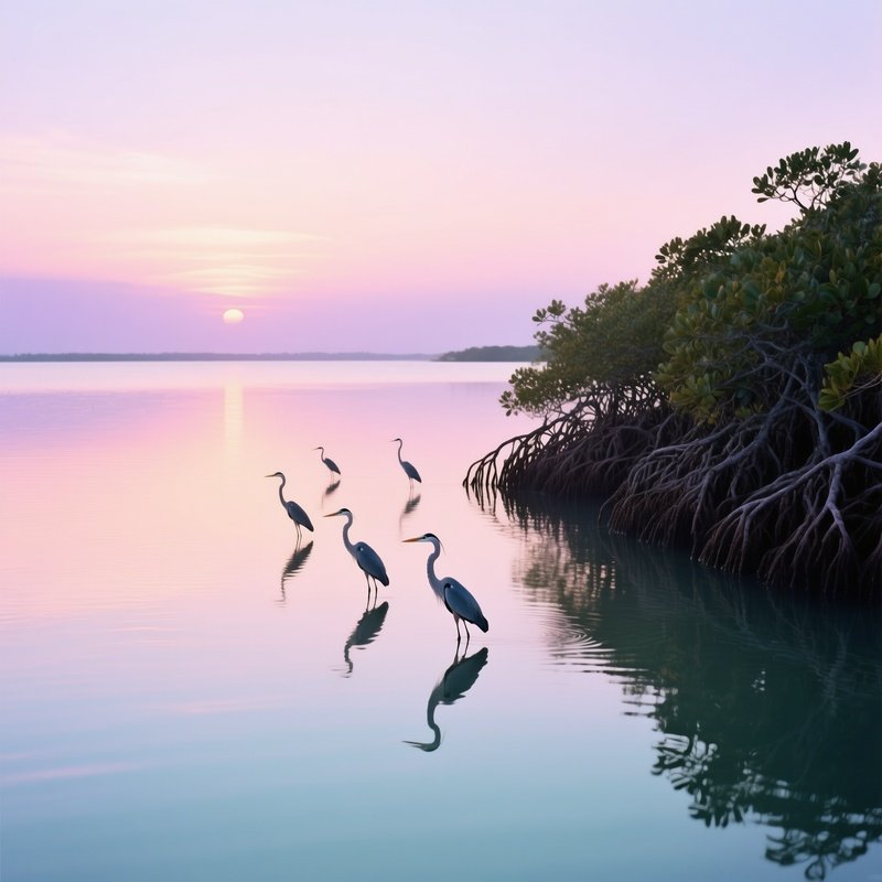 Serene Sunrise Over Glassy Lagoon Surrounded By Mangroves