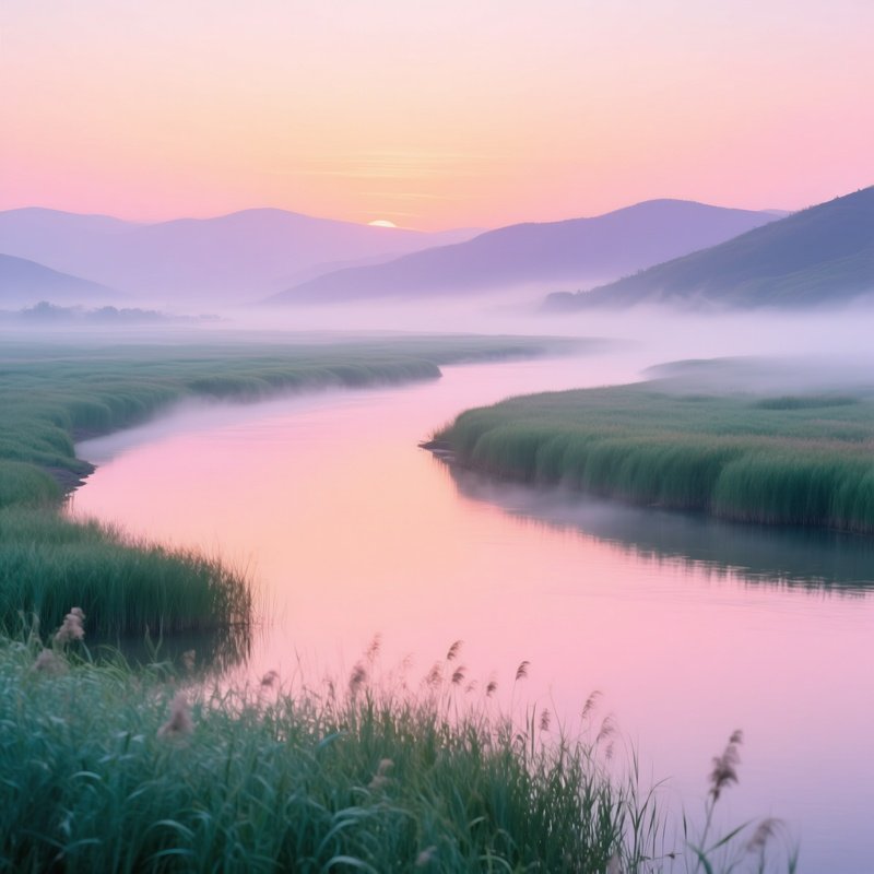 Serene Sunrise Over Misty River Delta