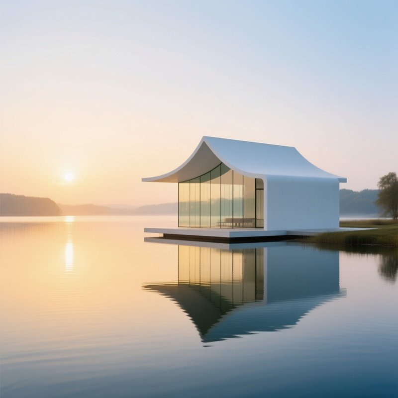 Serene Sunrise Over Tranquil Lake Reflecting Minimalist White Pavilion