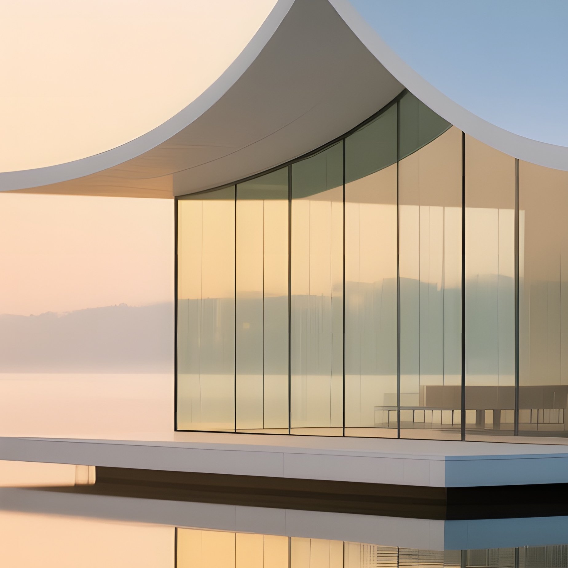 Serene Sunrise Over Tranquil Lake Reflecting Minimalist White Pavilion - Full Resolution Quality Preview