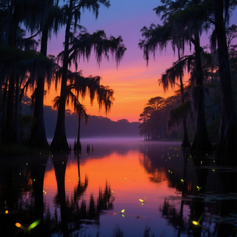 Serene Sunset Bayou Louisiana Fireflies