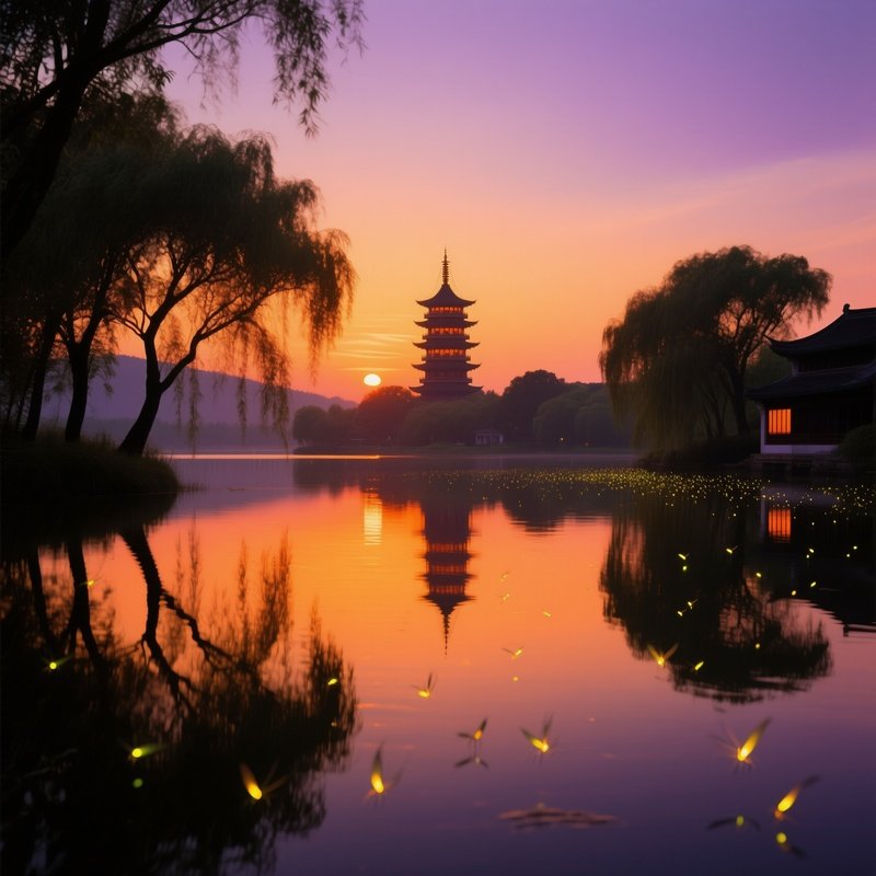 Serene Sunset Over Tranquil Lake Chinese Countryside