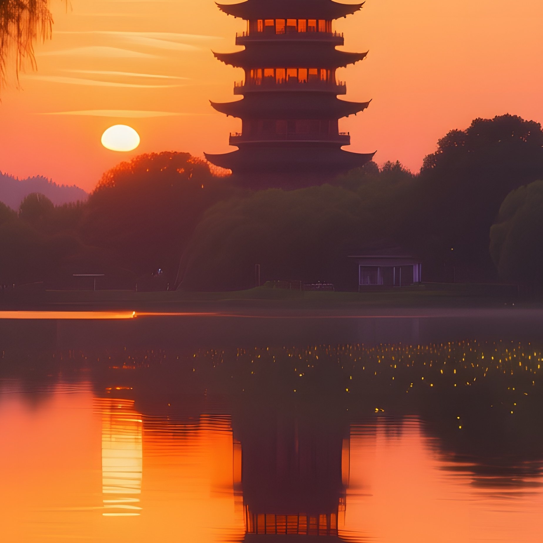 Serene Sunset Over Tranquil Lake Chinese Countryside - Full Resolution Quality Preview