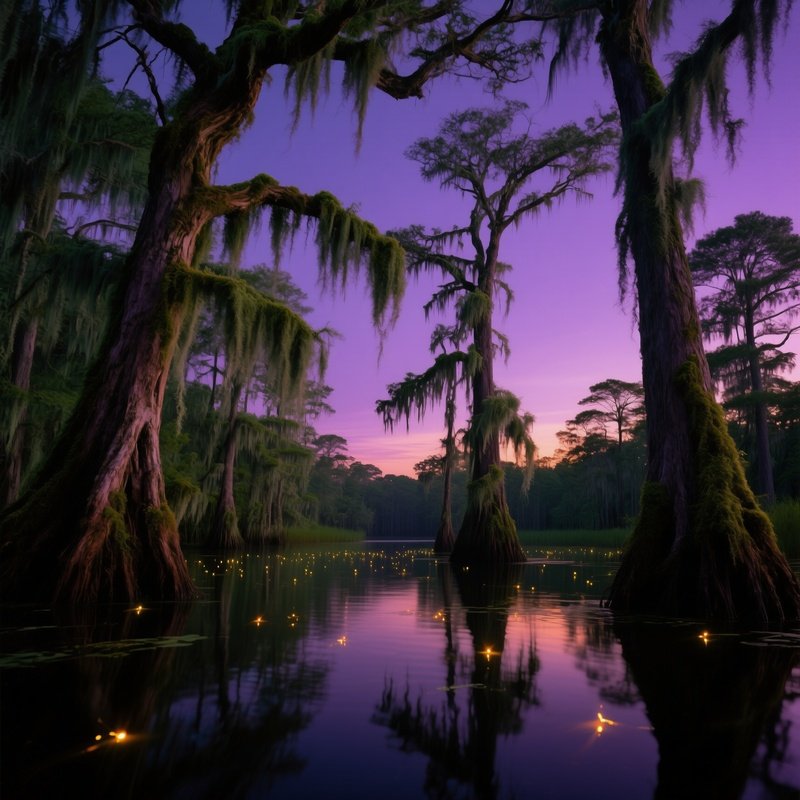Serene Swamp At Dusk Twisted Cypress Trees Spanish Moss Fireflies Purple Sky
