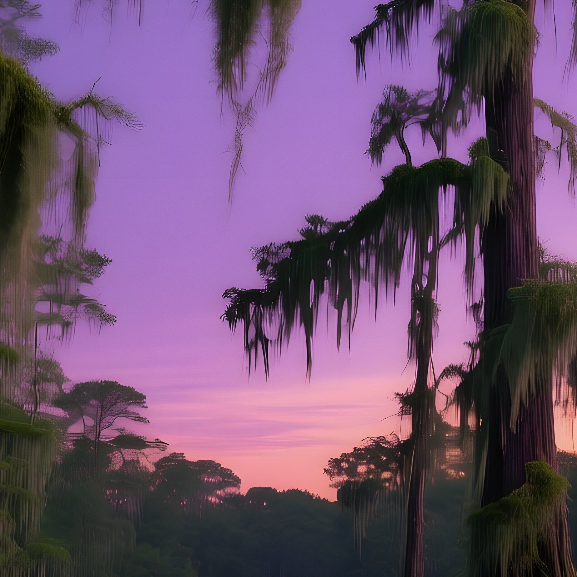 Serene Swamp At Dusk Twisted Cypress Trees Spanish Moss Fireflies Purple Sky - Full Resolution Quality Preview