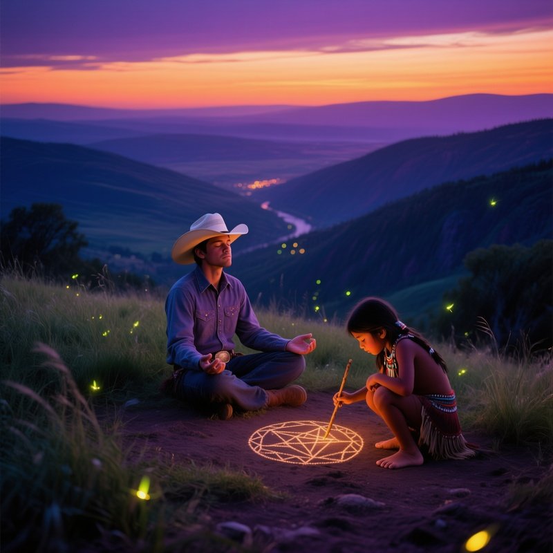 Serene Twilight Grassy Knoll Fireflies Cowboy Apache Child