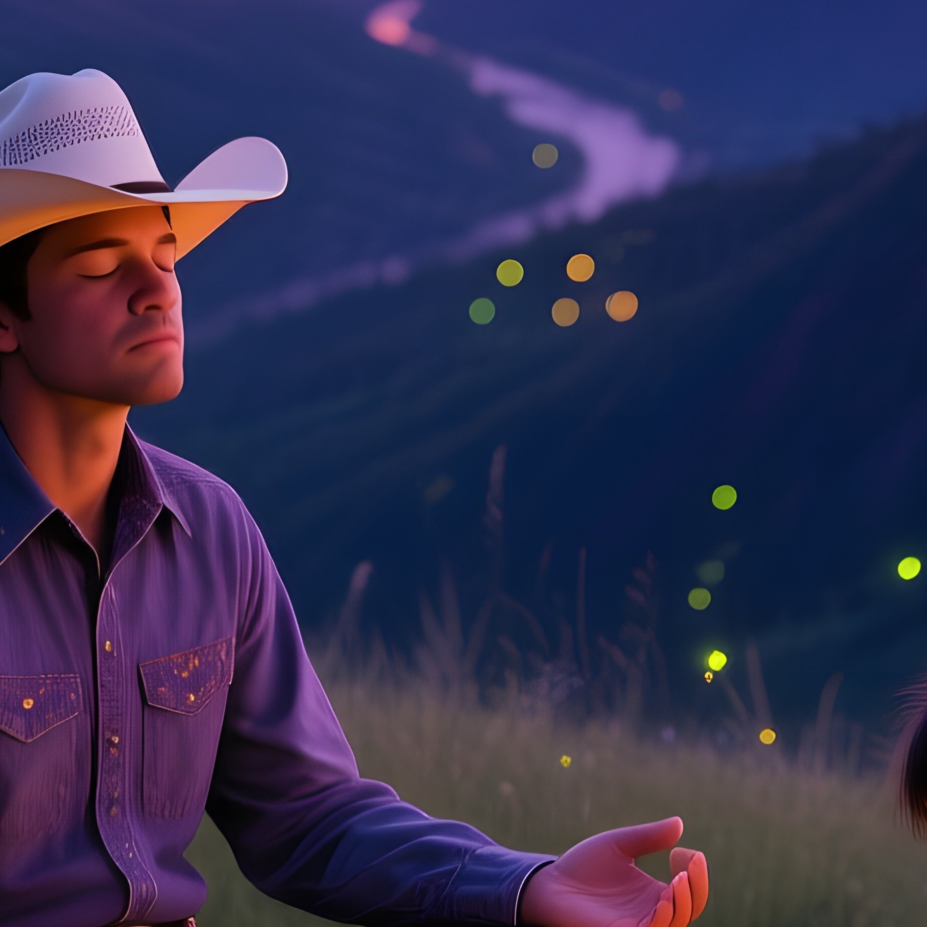 Serene Twilight Grassy Knoll Fireflies Cowboy Apache Child - Full Resolution Quality Preview