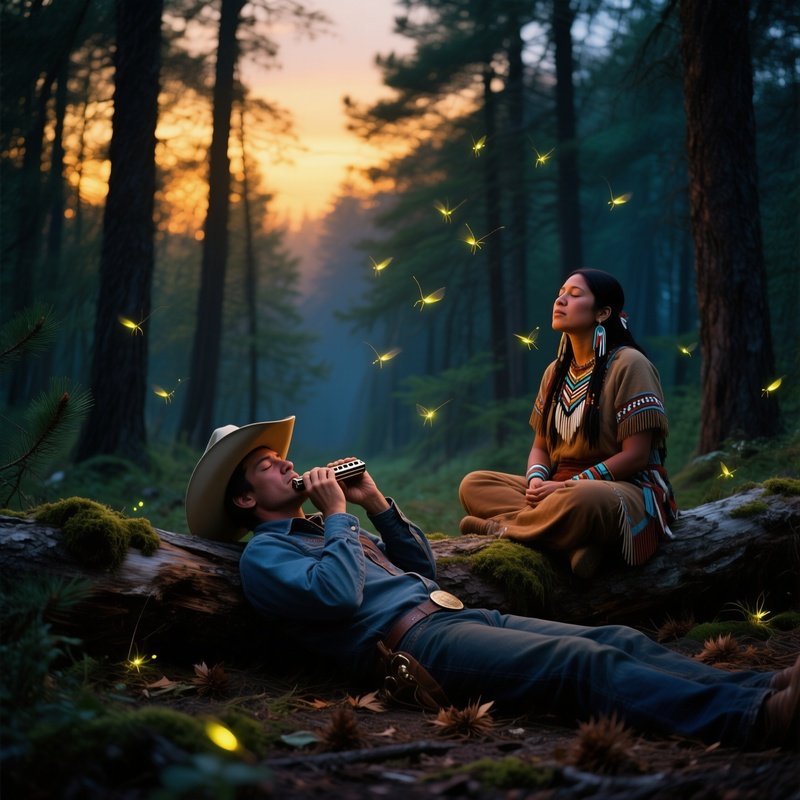Serene Twilight Pine Forest Fireflies Cowboy Harmonica Oglala Sioux Woman Lullaby