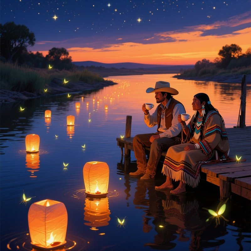 Serene Twilight Riverbank Lanterns Fireflies Cowboy Hopi Storyteller Sharing Tea