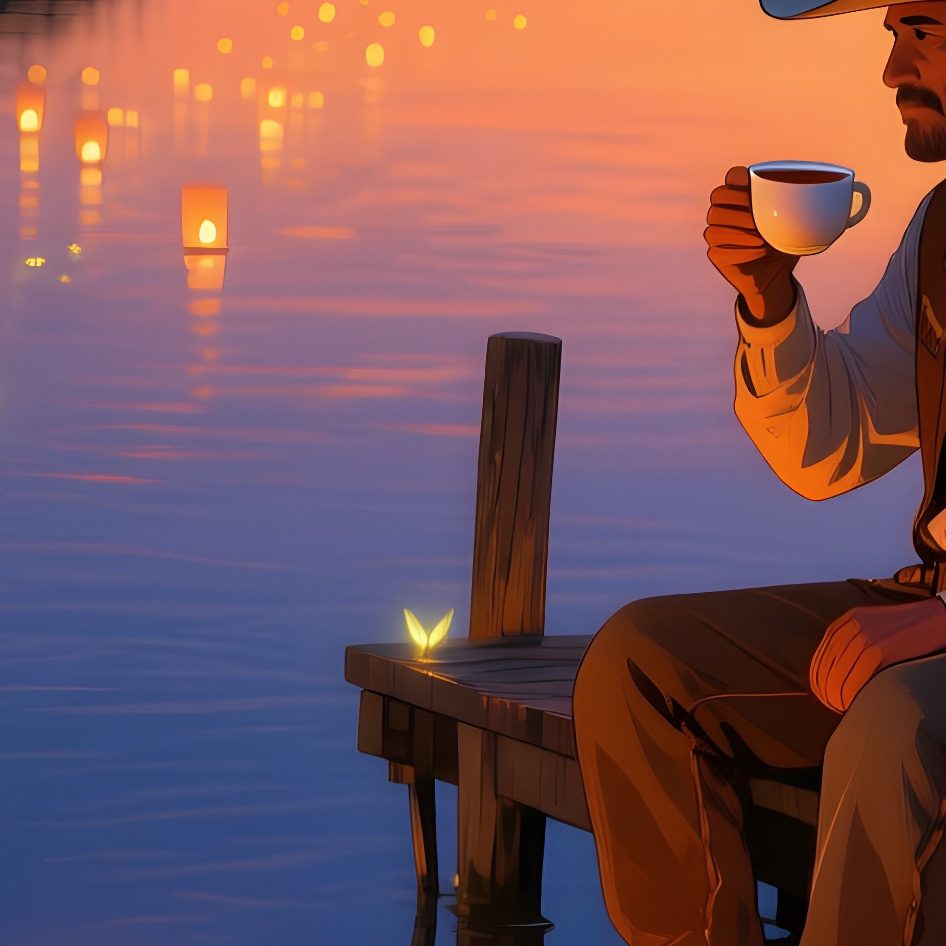 Serene Twilight Riverbank Lanterns Fireflies Cowboy Hopi Storyteller Sharing Tea - Full Resolution Quality Preview