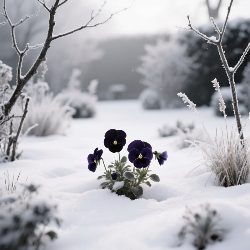 Serene Winter Garden Hardy Pansies Push Through Snow