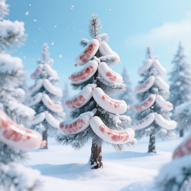 Serene Winter Pine Trees Made Of Pork Sausages