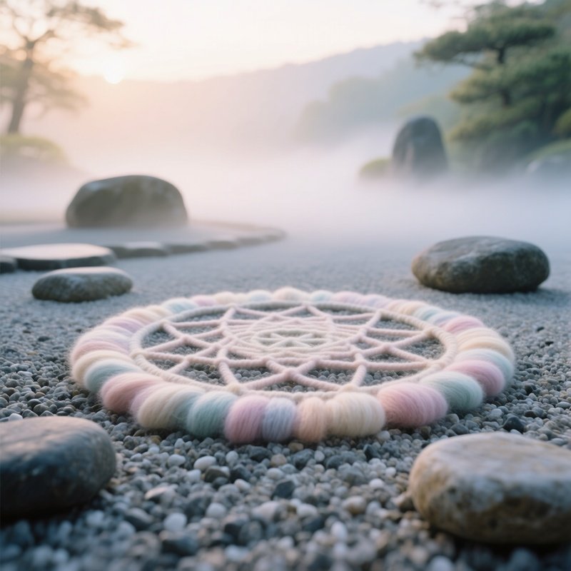 Serene Zen Garden At Dawn With Wool Mandala