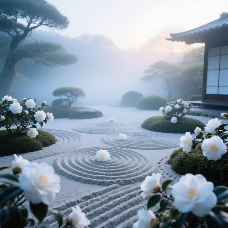 Serene Zen Garden White Camellias Raked Sand Mist