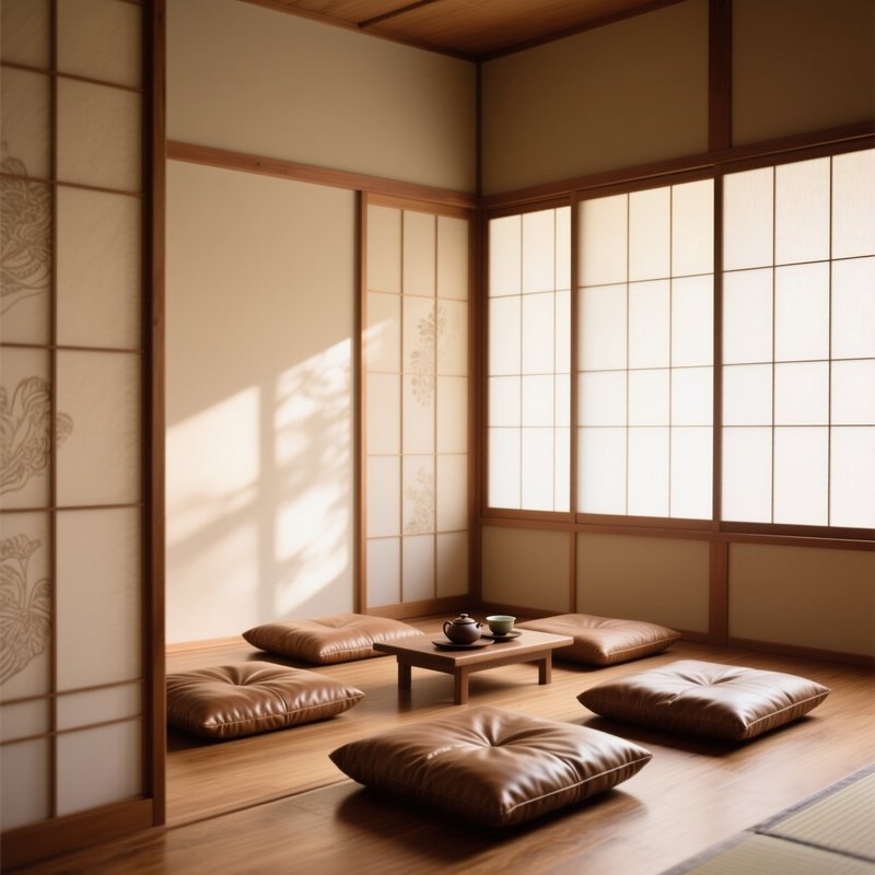 Serene Zen Tea Room With Leather Cushions And Silk Shoji Screens