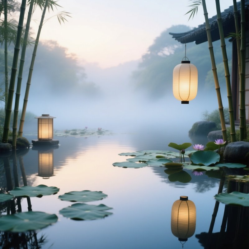 Serene Zen Water Garden Lotus Bamboo Lanterns Dawn Mist