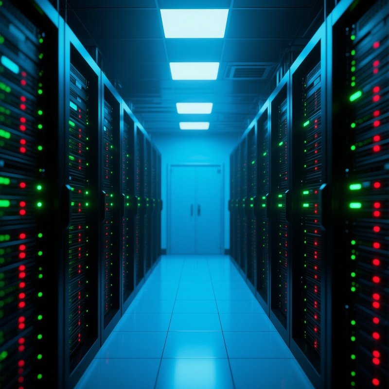 Server Room: A Cold, Blue Lit Server Room With Rows Of Black Racks And Blinking Green And Red Led Lights, Showing The Digital Backbone.